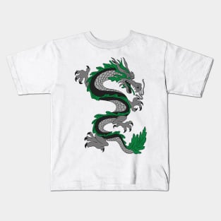 Japanese Dragon; Green Asian Dragon; Asian Tattoo Inspired Retro 80s Style Kids T-Shirt